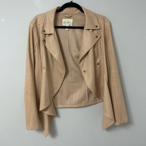 Mauve faux leather draped collar moto jacket